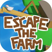 White chicken wearing bright blue flippers crossing wooden bridge over blue water in Escape the Farm gameplay